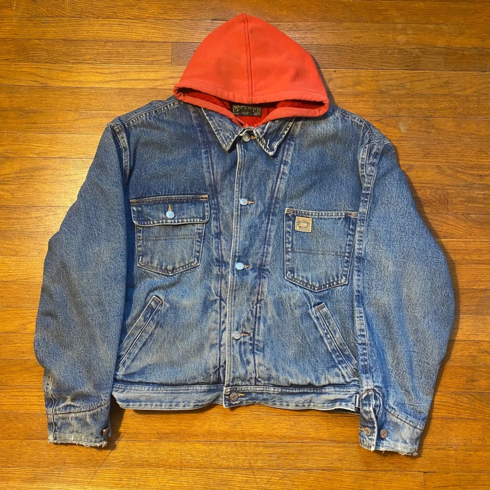 Vintage 1991 Polo Country Ralph Lauren Denim Jacket Hooded Red Inset Mens Large